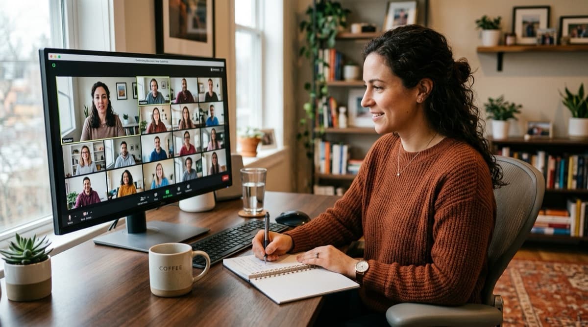 Teilnehmende nehmen in Alltagskleidung von zu Hause am Online-Seminar teil