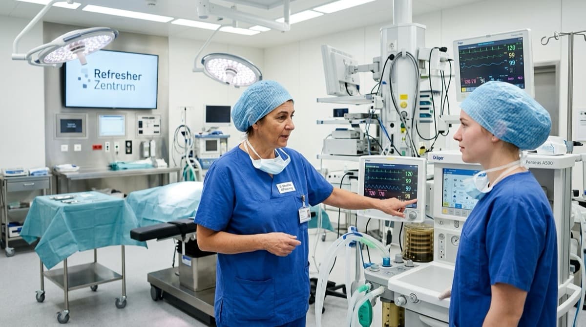 Praxisanleitung im OP durch das Refresher Zentrum: erfahrene ATA erklärt einer Auszubildenden die Geräte