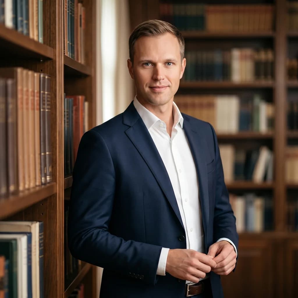 Dennis Tefett, M.Ed. Psychologie und Dozent im Gesundheitswesen, in der Bibliothek