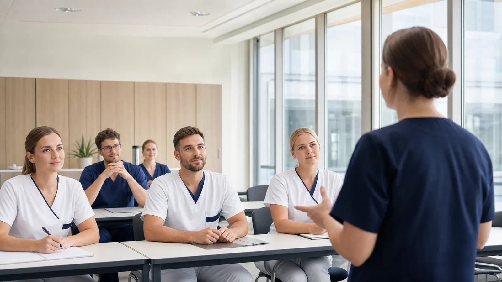 Pflegefachkräfte im Seminar zur berufspädagogischen Pflichtfortbildung