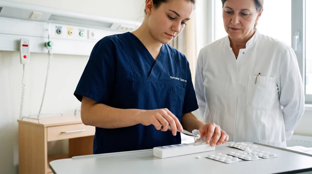 Zwischenprüfung Pflegefachkraft: Medikamente stellen mit einer Tablettenzange in eine Wochendosette