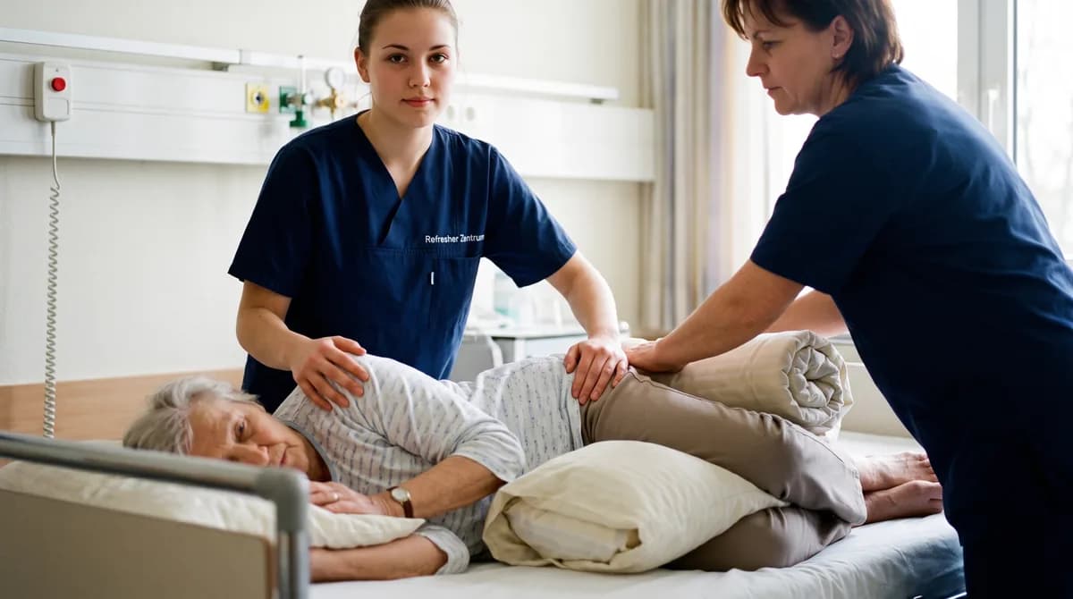 Zwischenprüfung Pflegefachfrau: Praxisanleiterin und Auszubildende lagern eine Patientin gemeinsam zur Seite