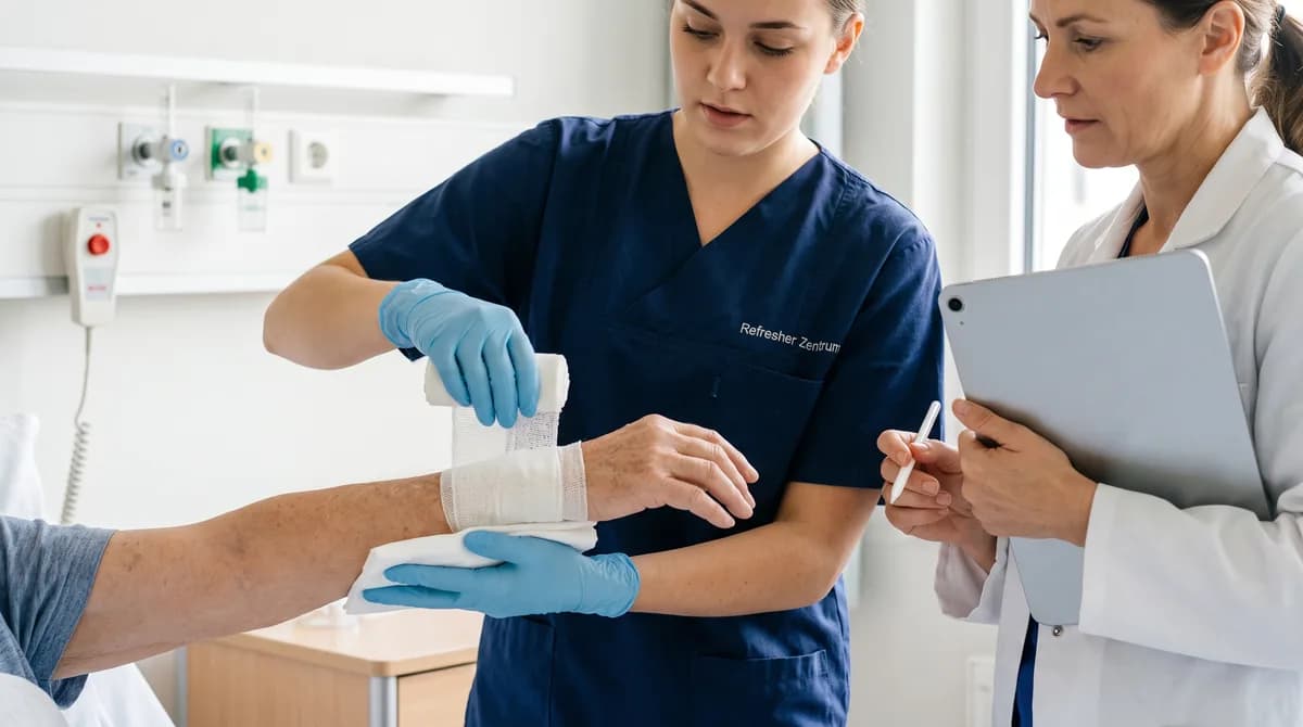 Zwischenprüfung Pflegefachmann: Verbandwechsel am Unterarm, die Praxisanleiterin dokumentiert am Tablet