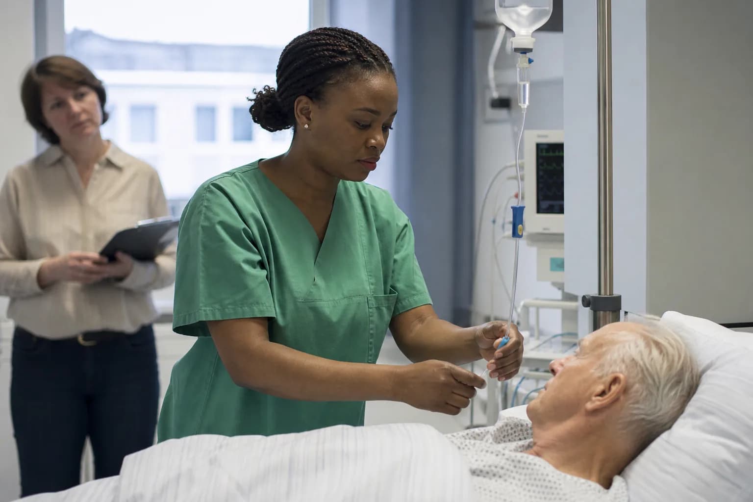 Pflegefachfrau versorgt einen Patienten, eine Prüferin beobachtet