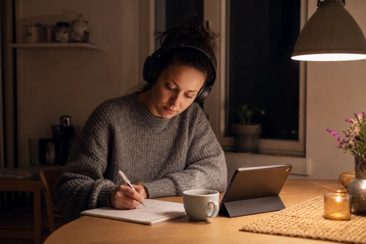 Pflegefachperson lernt abends mit Kopfhörern und Notizbuch