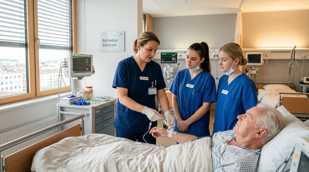 Praxisanleiterin leitet zwei Auszubildende am Patientenbett an, direkt auf der Station