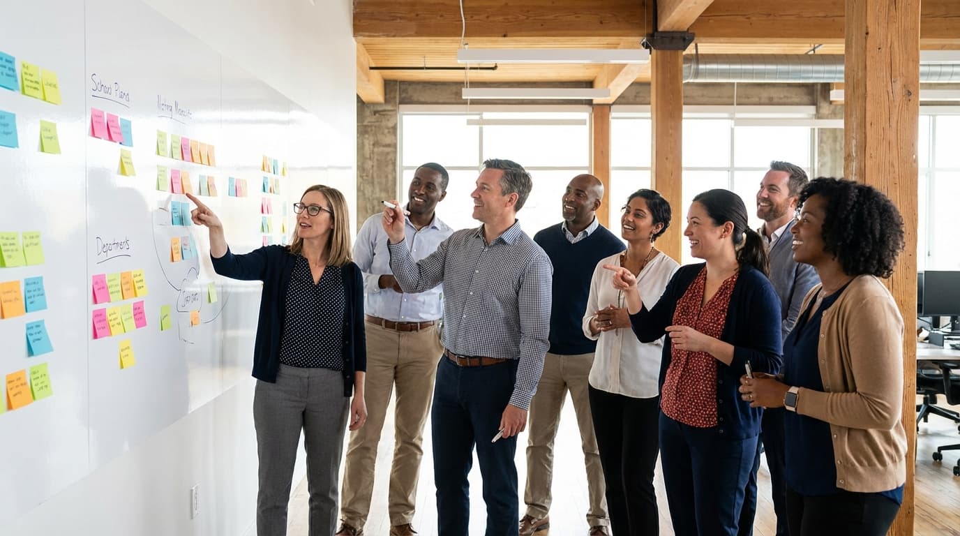 Healthcare Leadership Team-Workshop: Führungskräfte entwickeln gemeinsam Strategien am Whiteboard