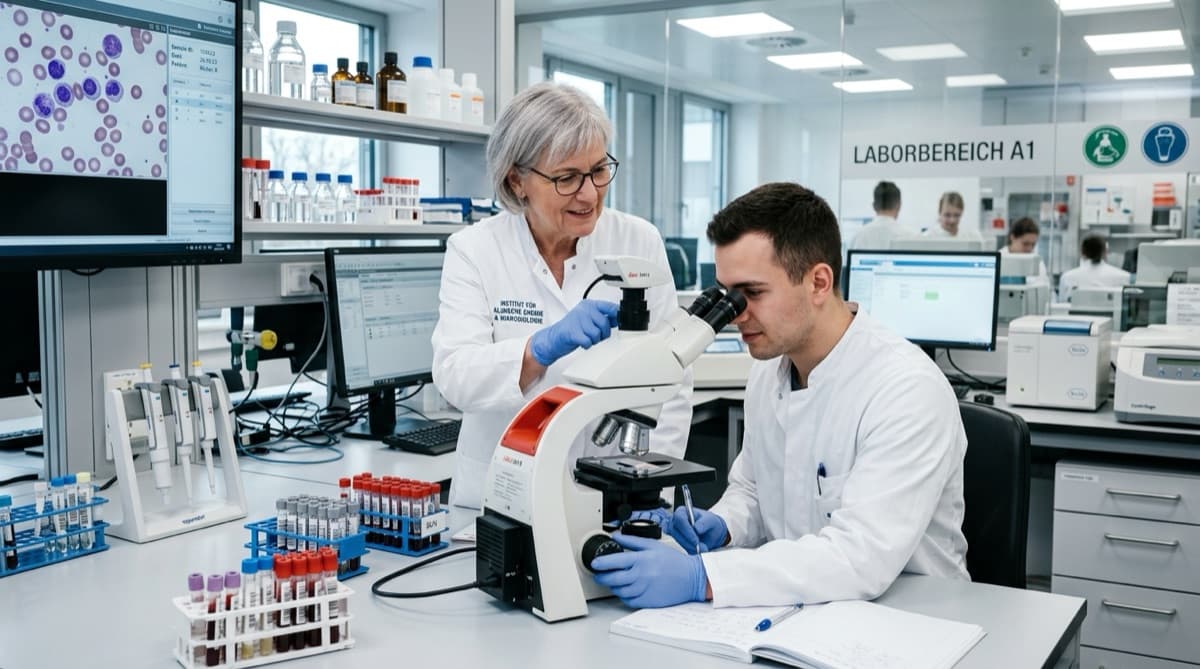 Laboranleitung: erfahrene MTLA zeigt Auszubildender die Mikroskopie