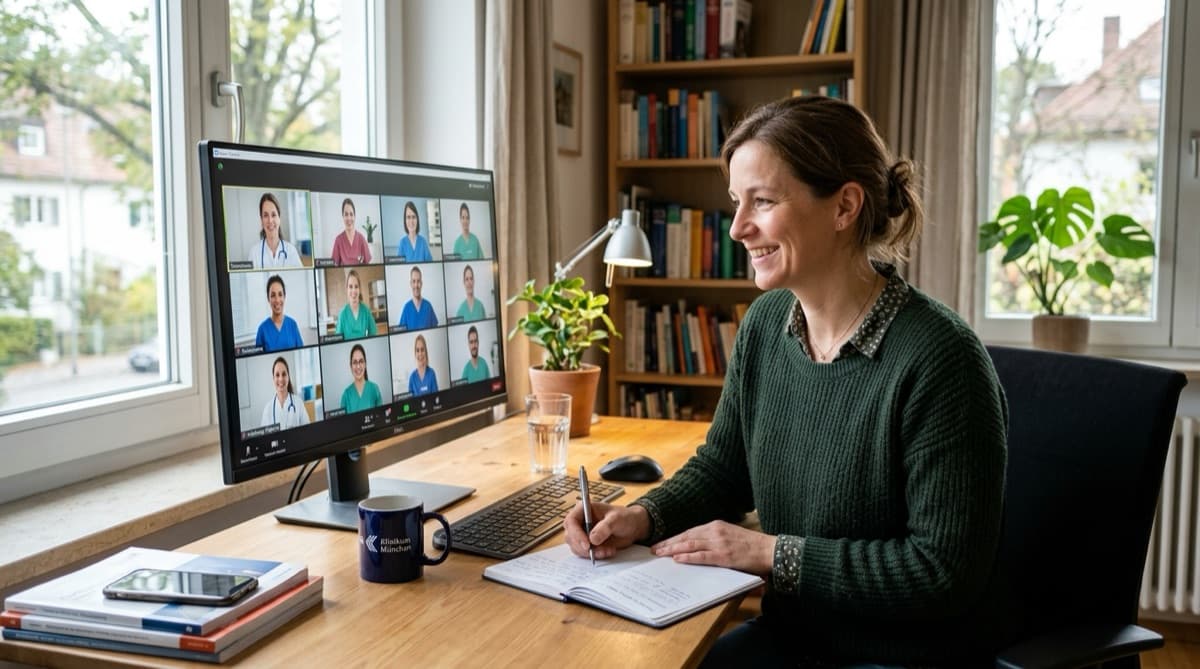Pflegekraft nimmt von zu Hause am Online-Refresher-Kurs teil, Zoom-Call mit Kolleginnen auf dem Monitor