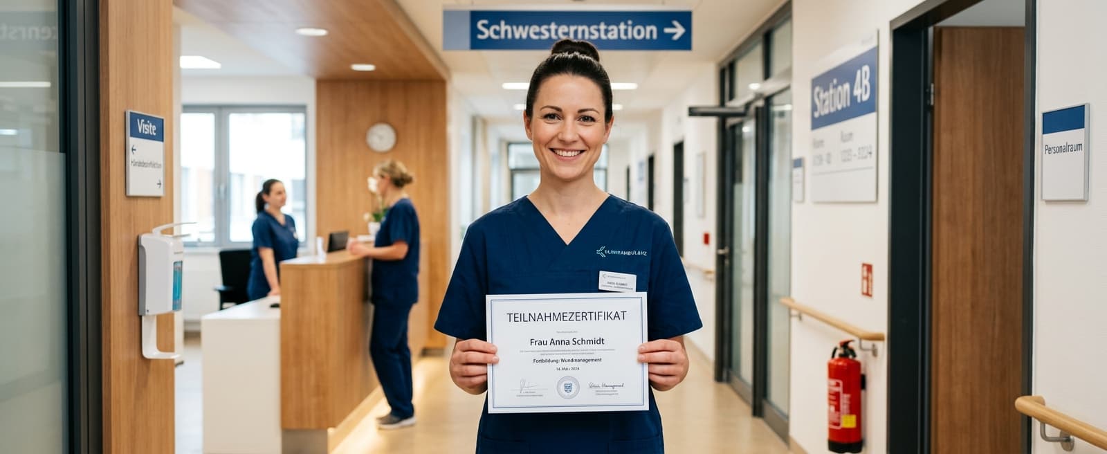 Pflegefachkraft mit Teilnahmezertifikat nach erfolgreichem Abschluss der Pflichtfortbildung im Klinikflur