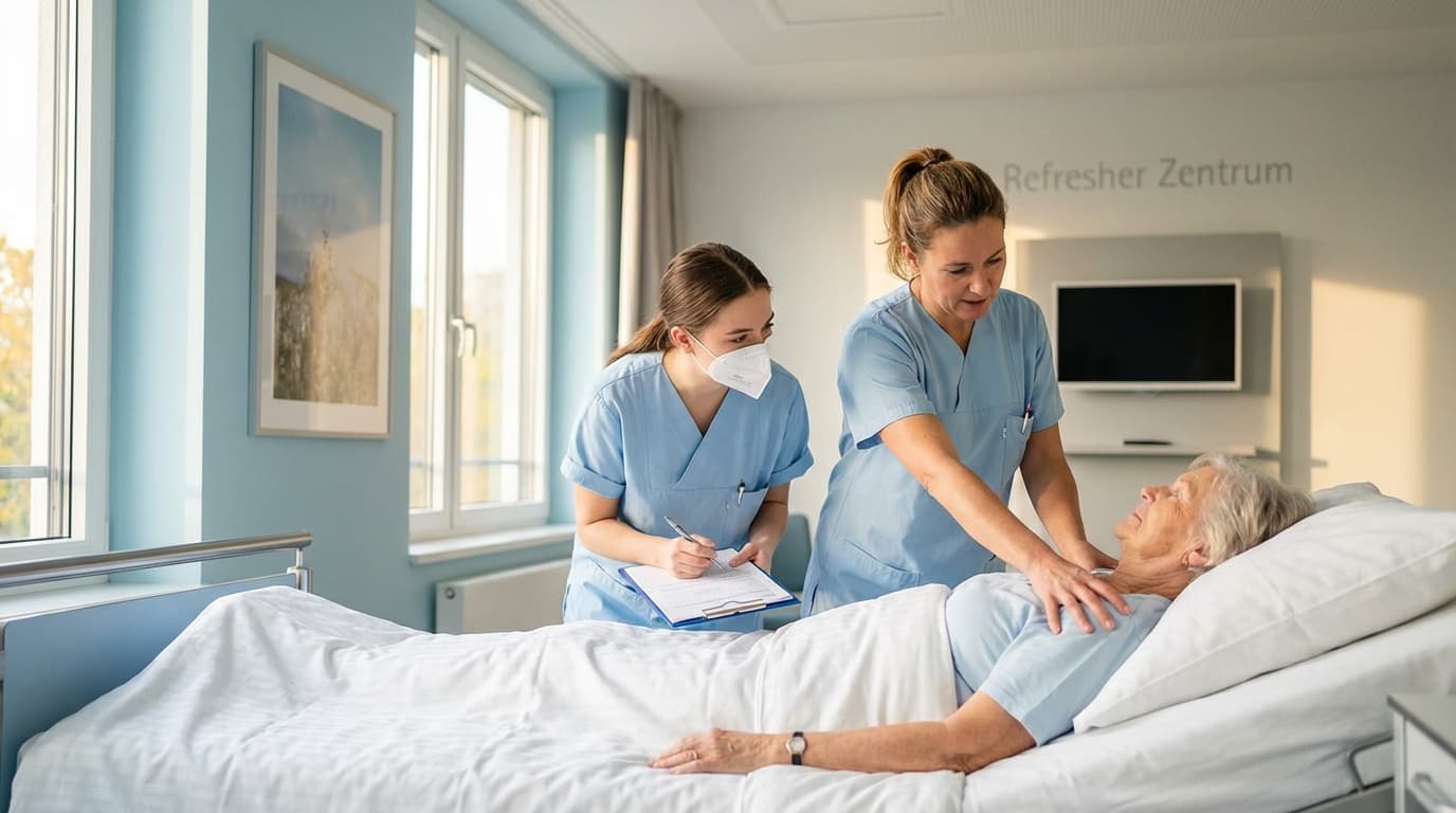 Praxisanleiterin begleitet Auszubildende bei der Patientenversorgung