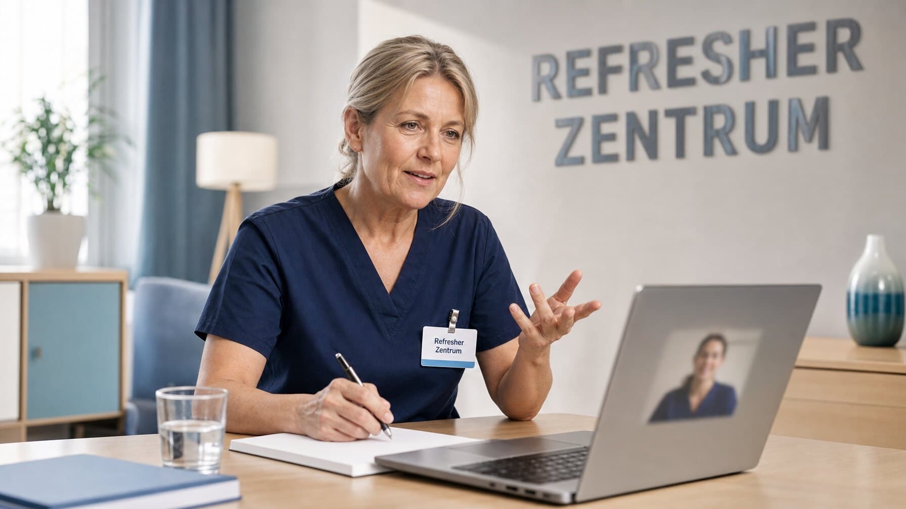 Praxisanleiterin führt ein strukturiertes Feedbackgespräch mit einer Auszubildenden per Videogespräch