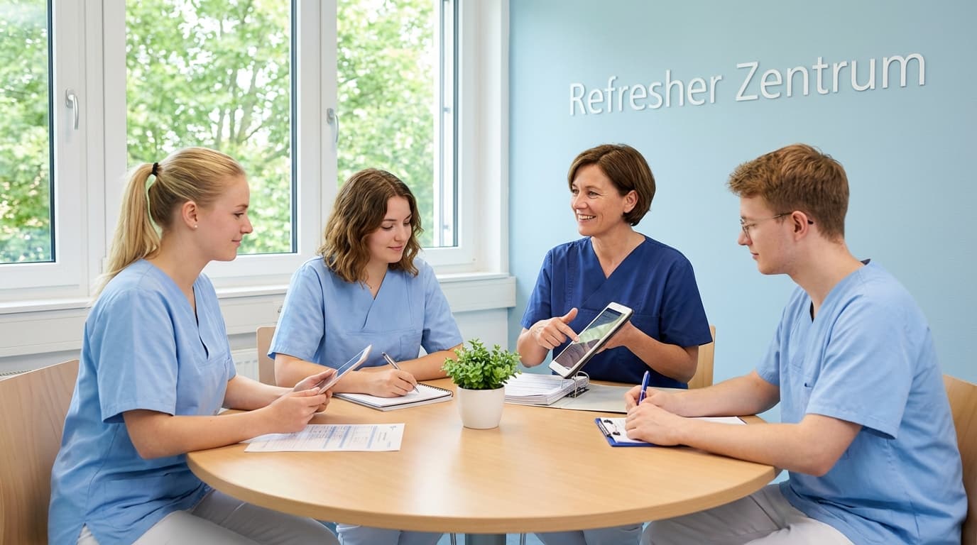 Praxisanleiterin bespricht eine geplante Anleitung mit drei Auszubildenden