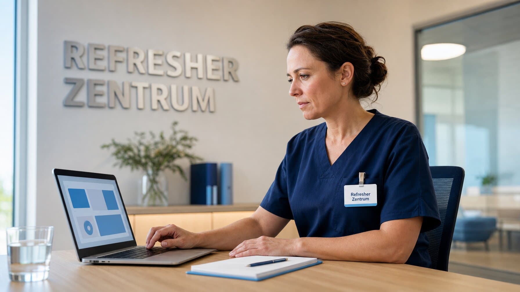 Praxisanleiterin plant die Ausbildungsrotation mit digitalen Werkzeugen am Laptop
