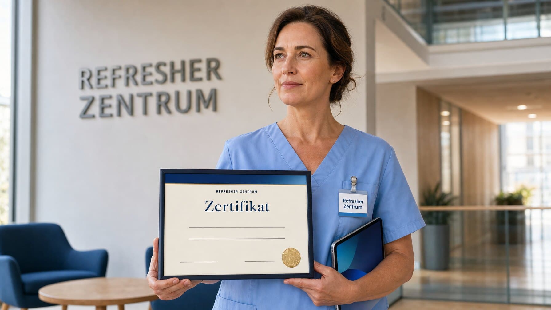 Pflegefachkraft hält das Zertifikat über 24 Stunden Pflichtfortbildung für Praxisanleitende in den Händen