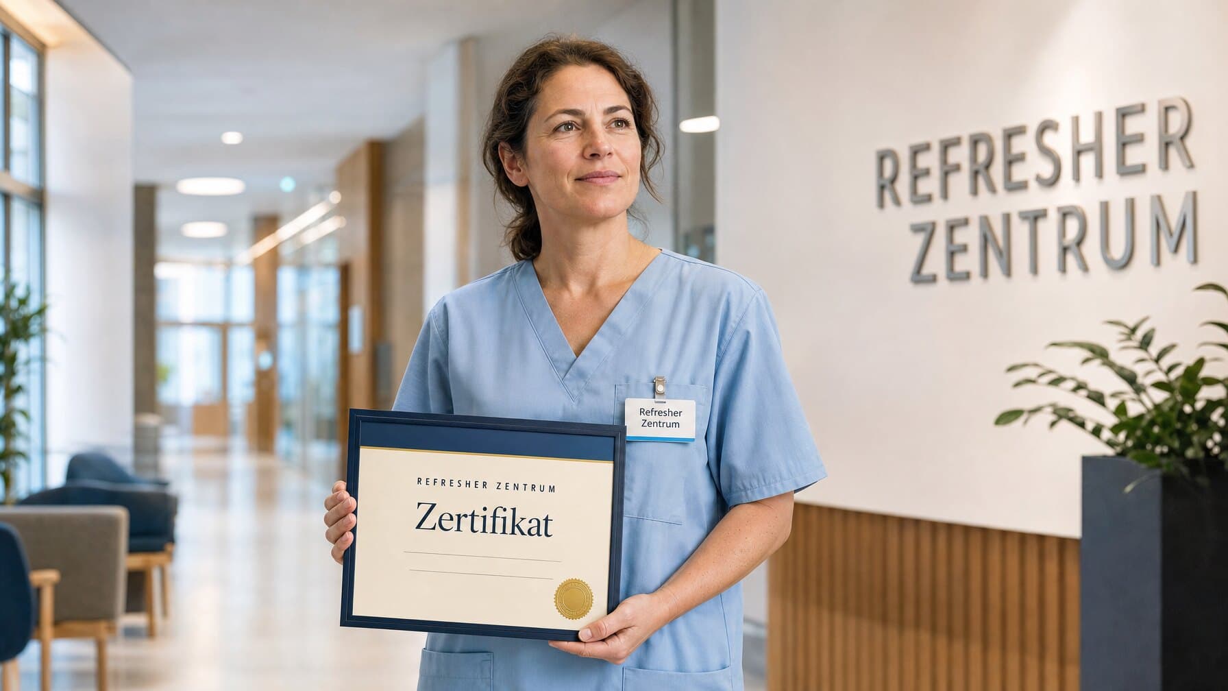 Pflegefachkraft hält im Klinikflur das Zertifikat der 24-stündigen Pflichtfortbildung