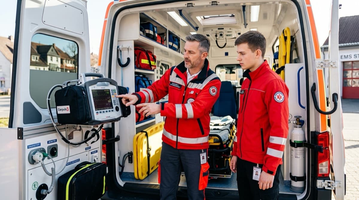 Erfahrener Praxisanleiter zeigt Auszubildendem die Ausrüstung im Rettungswagen