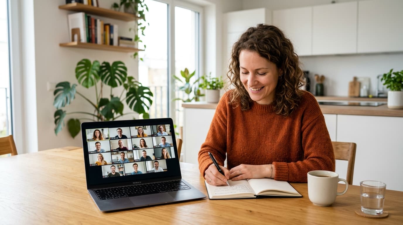 Teilnehmerin der 300h Weiterbildung Praxisanleitung lernt flexibel am Esstisch mit Laptop und Zoom