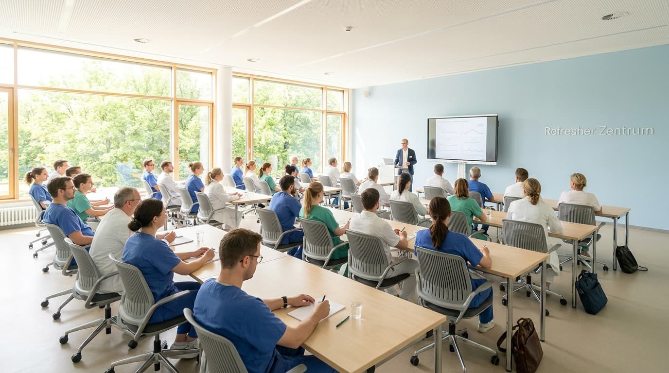 Inhouse-Schulung in einer Einrichtung: rund zwanzig Pflegekräfte sitzen im Schulungsraum, der Dozent steht vorn am Bildschirm