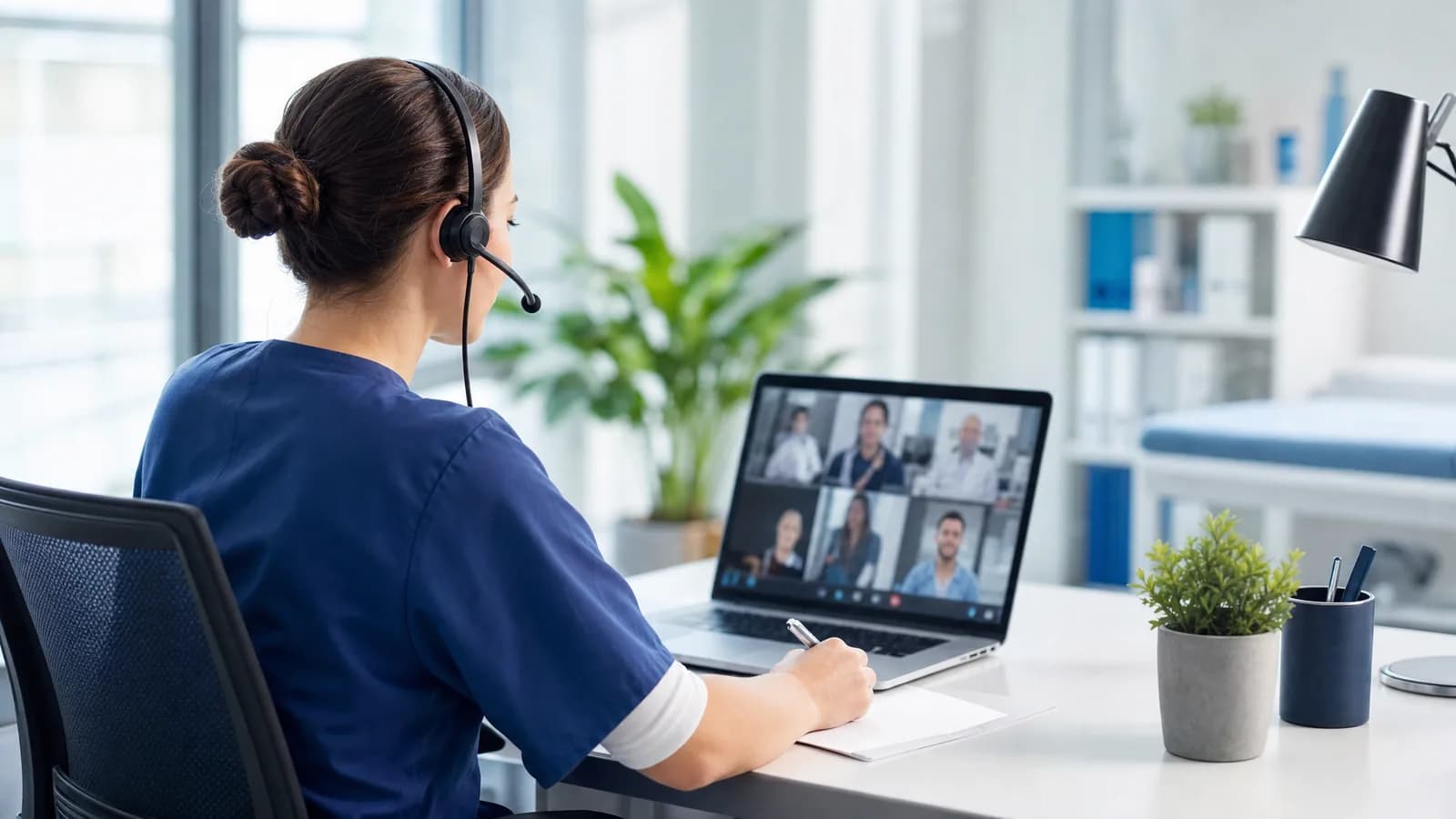 Pflegekraft nimmt an einem Online-Live-Seminar zur Pflichtfortbildung teil