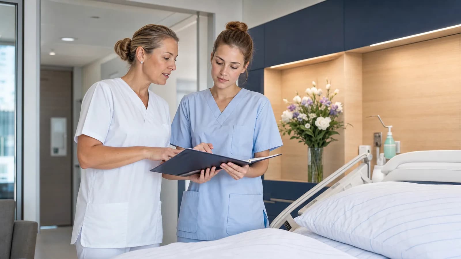 Praxisanleiterin leitet eine Auszubildende in der Pflege am Krankenbett an