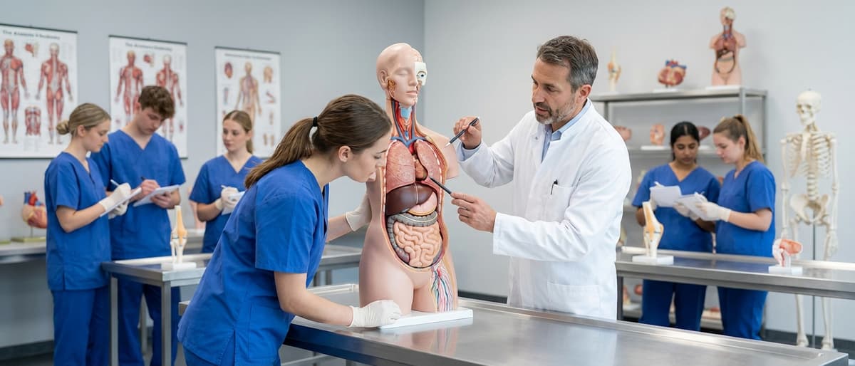 Auszubildende lernen Anatomie am Modell unter Anleitung der Lehrkraft im Simulationslabor