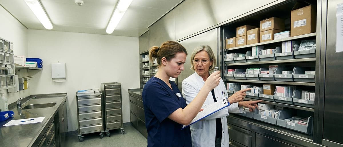 Pflegeschülerin übt das sichere Medikamentenmanagement unter Aufsicht der Praxisanleiterin