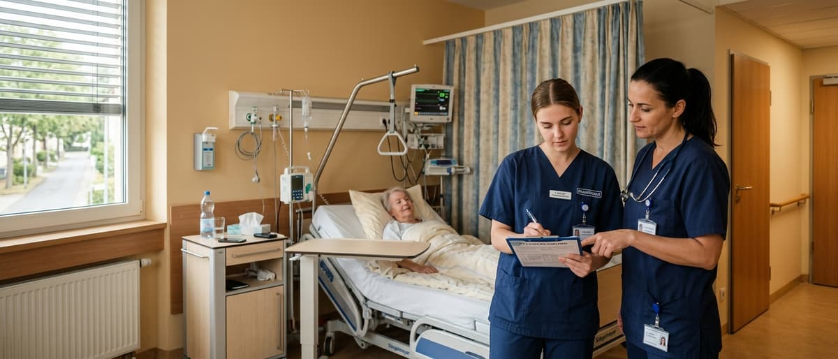 Auszubildende und Praxisanleiterin besprechen den Pflegeprozess am Patientenbett