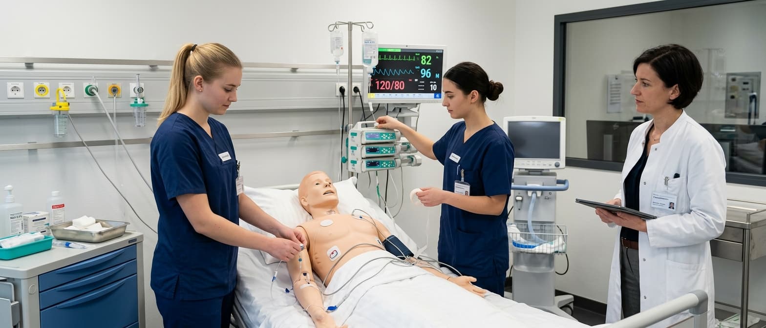 Pflegeschüler üben klinische Fertigkeiten am Patientensimulator unter Anleitung der Praxisanleiterin