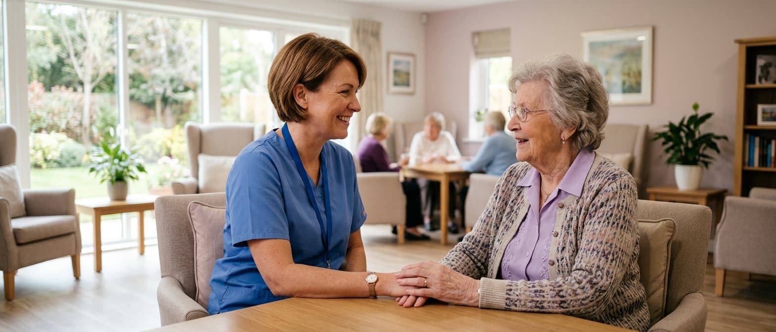 Gerontopsychiatrische Pflegekraft im einfühlsamen Gespräch mit einer Patientin im hellen Aufenthaltsraum