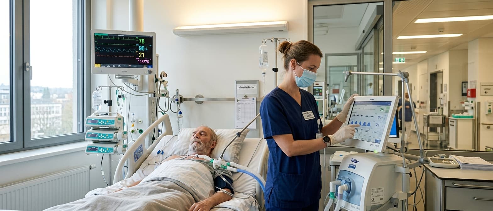 Fachpflegekraft am Beatmungsgerät auf einer modernen Intensivstation mit Patientenmonitoring