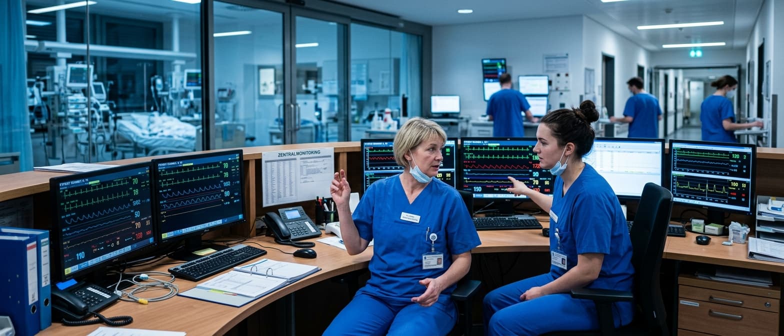 Intensivpflege-Team bei der gemeinsamen Überwachung von Vitalparametern an der zentralen Monitorstation