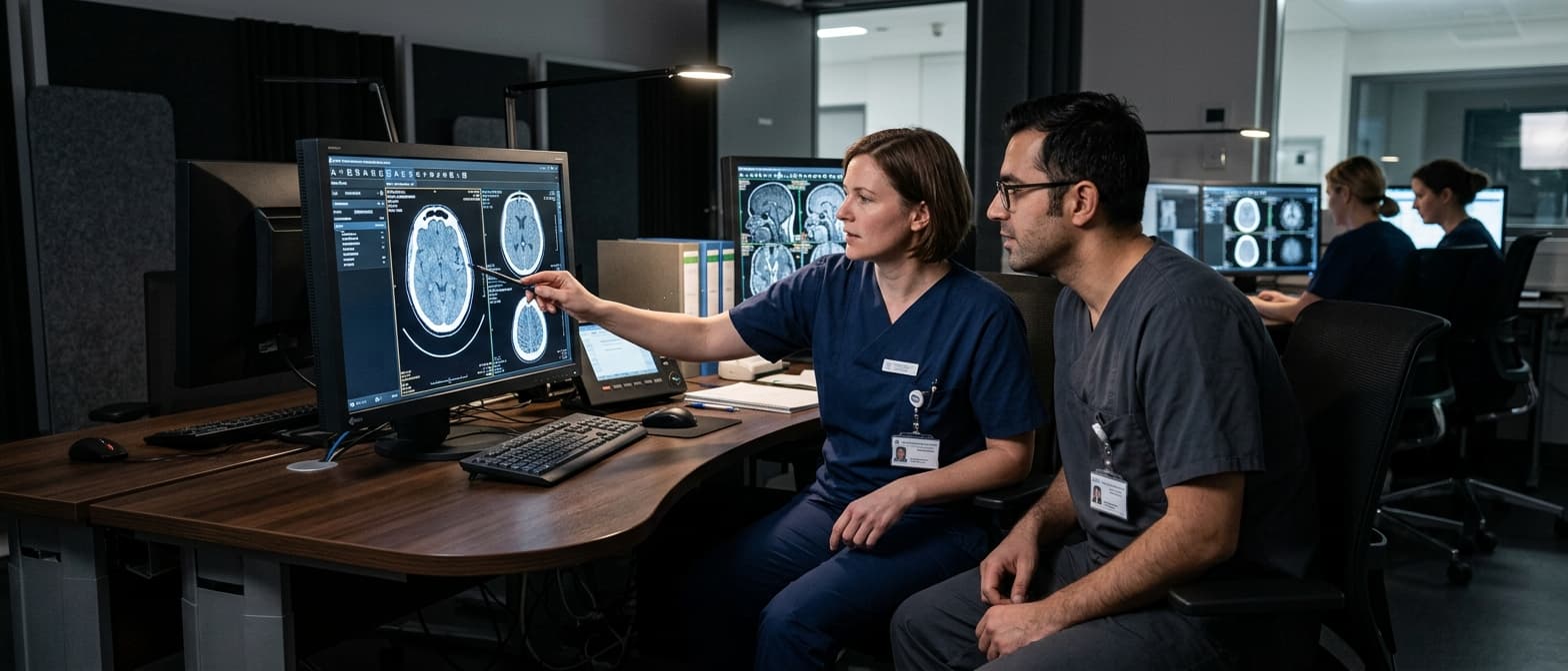 Radiologie-Team bei der gemeinsamen Befundung diagnostischer Aufnahmen am PACS-Arbeitsplatz