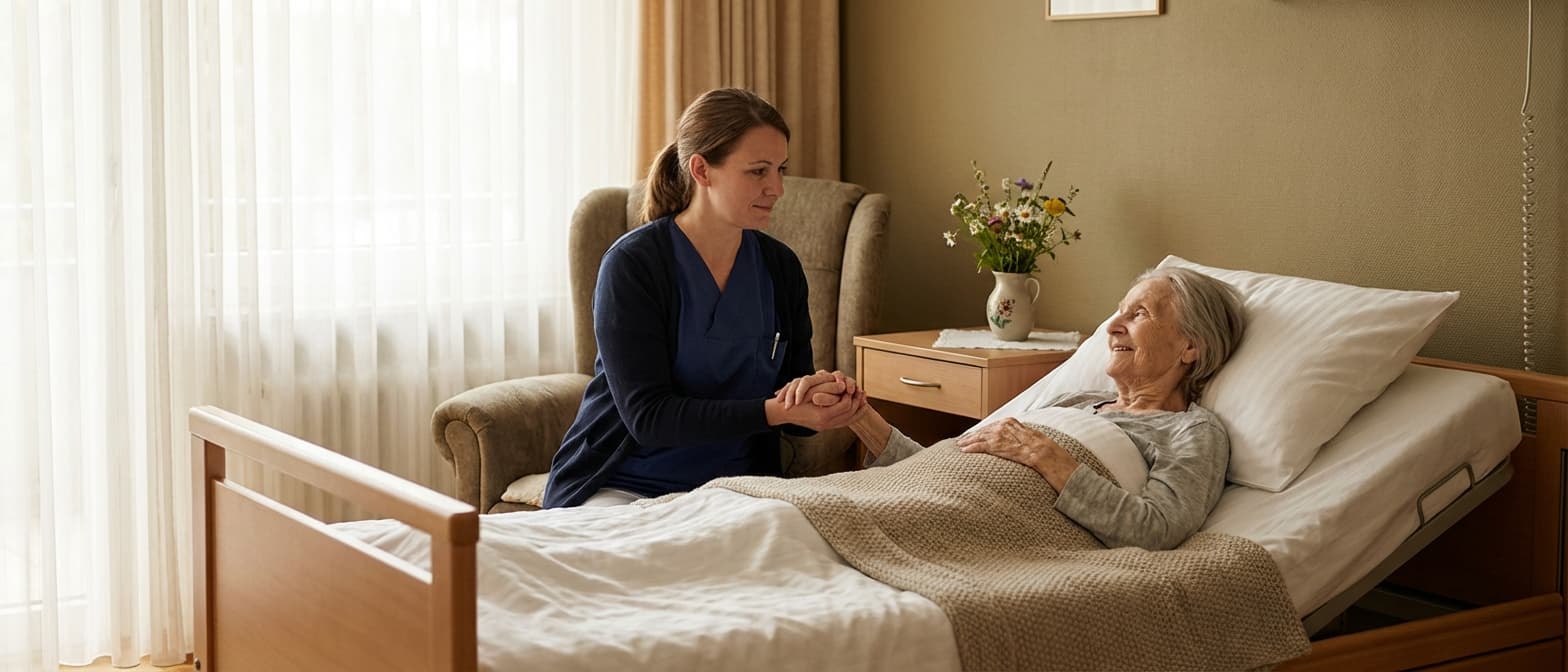 Palliativpflegekraft hält die Hand einer schwerkranken Patientin im Hospiz bei warmem Tageslicht