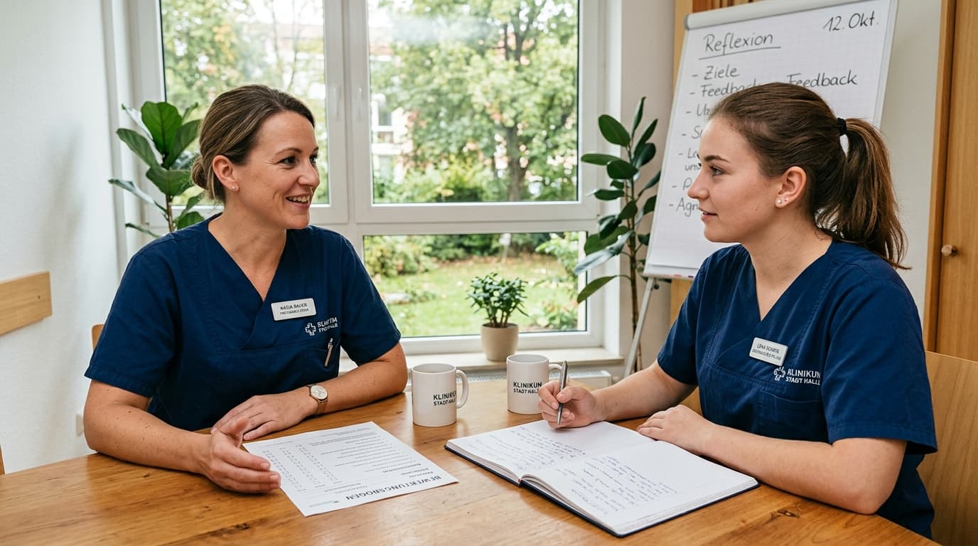 Praxisanleiterin und Auszubildende führen ein professionelles Reflexionsgespräch im Besprechungsraum