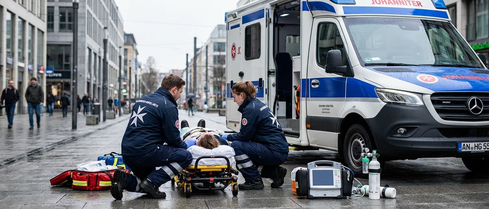 Johanniter Rettungsdienst bei der notfallmedizinischen Versorgung am Einsatzort mit modernem RTW