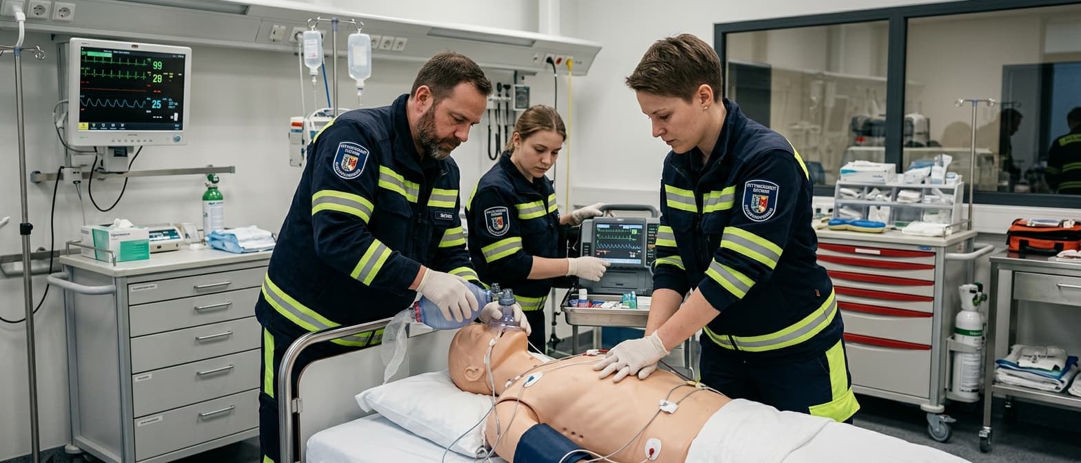 Notfallsanitäter der Feuerwehr Bochum bei der Simulationsfortbildung mit Reanimationstraining
