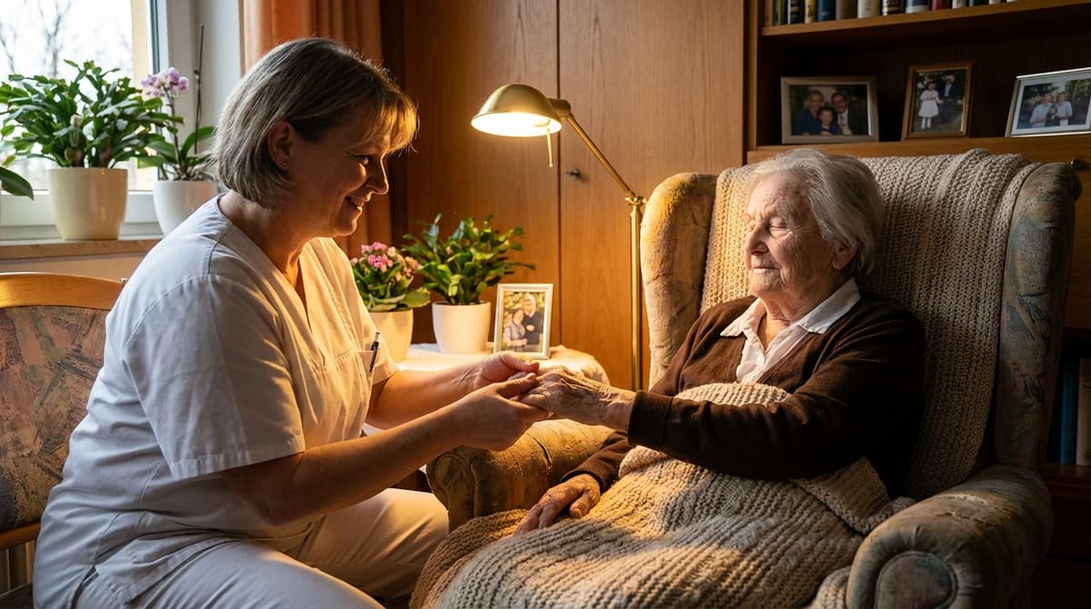 Betreuungskraft bei der Handmassage mit einer demenziell veränderten Bewohnerin