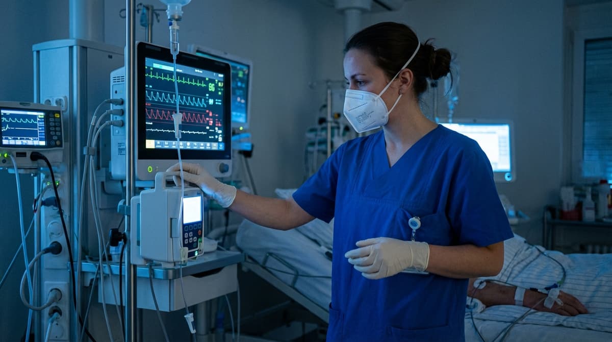 Intensivpflegekraft überwacht Vitalparameter am Patientenmonitor auf der Intensivstation