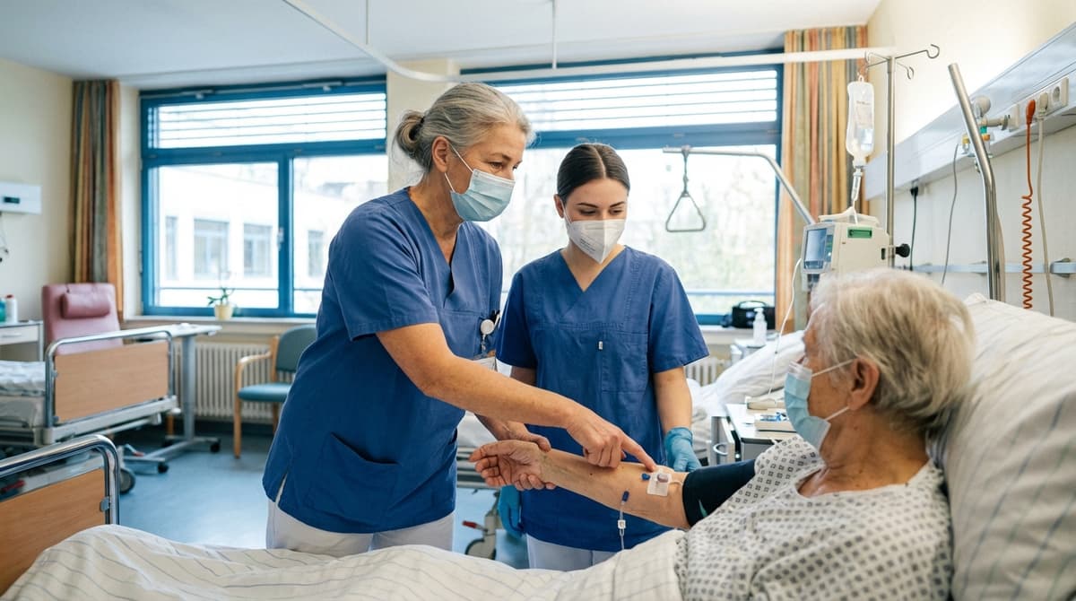 Erfahrene Pflegekraft leitet eine Auszubildende am Patientenbett an