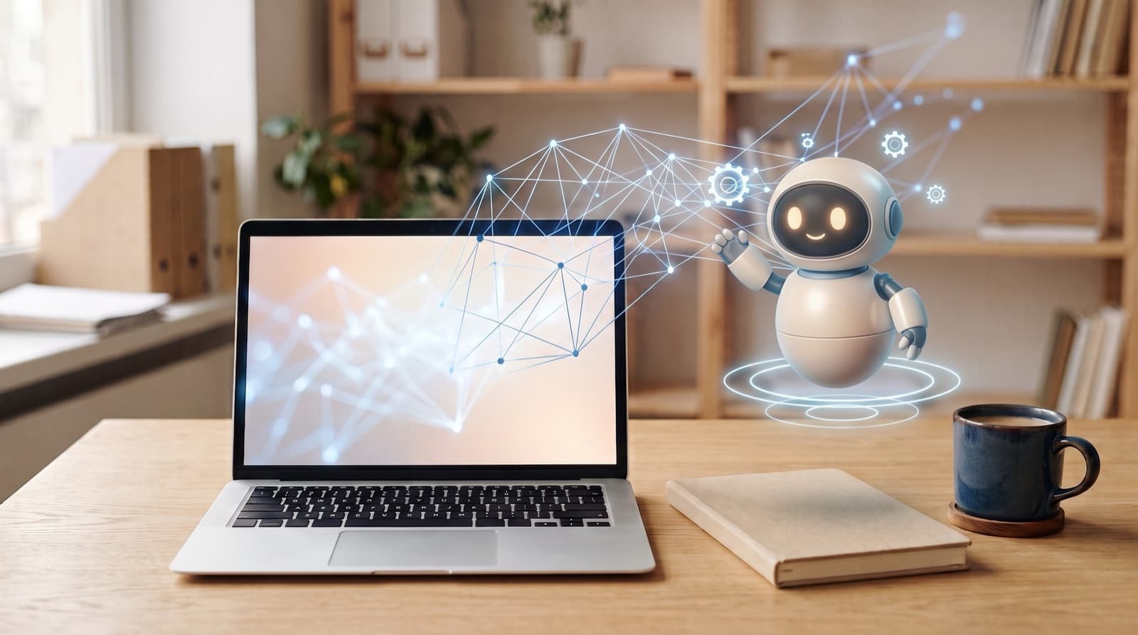 Ein Arbeitsplatz mit Laptop, aus dem ein Netz aus Lichtpunkten aufsteigt. Daneben schwebt eine kleine freundliche Roboterfigur.