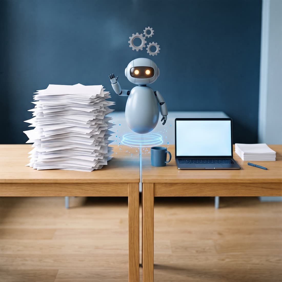 Zwei Schreibtische nebeneinander. Links ein hoher Stapel Papier, rechts ein aufgeräumter Platz mit Laptop, darüber eine kleine schwebende Roboterfigur.