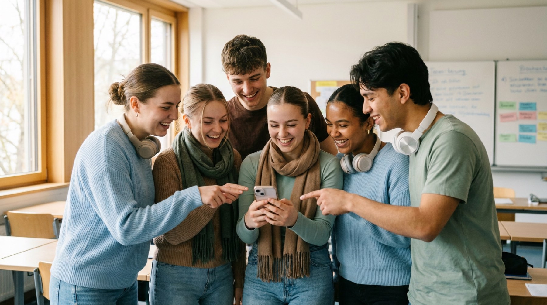 Begeisterte Gruppe junger Auszubildender im Klassenraum schaut gemeinsam auf ein Handy