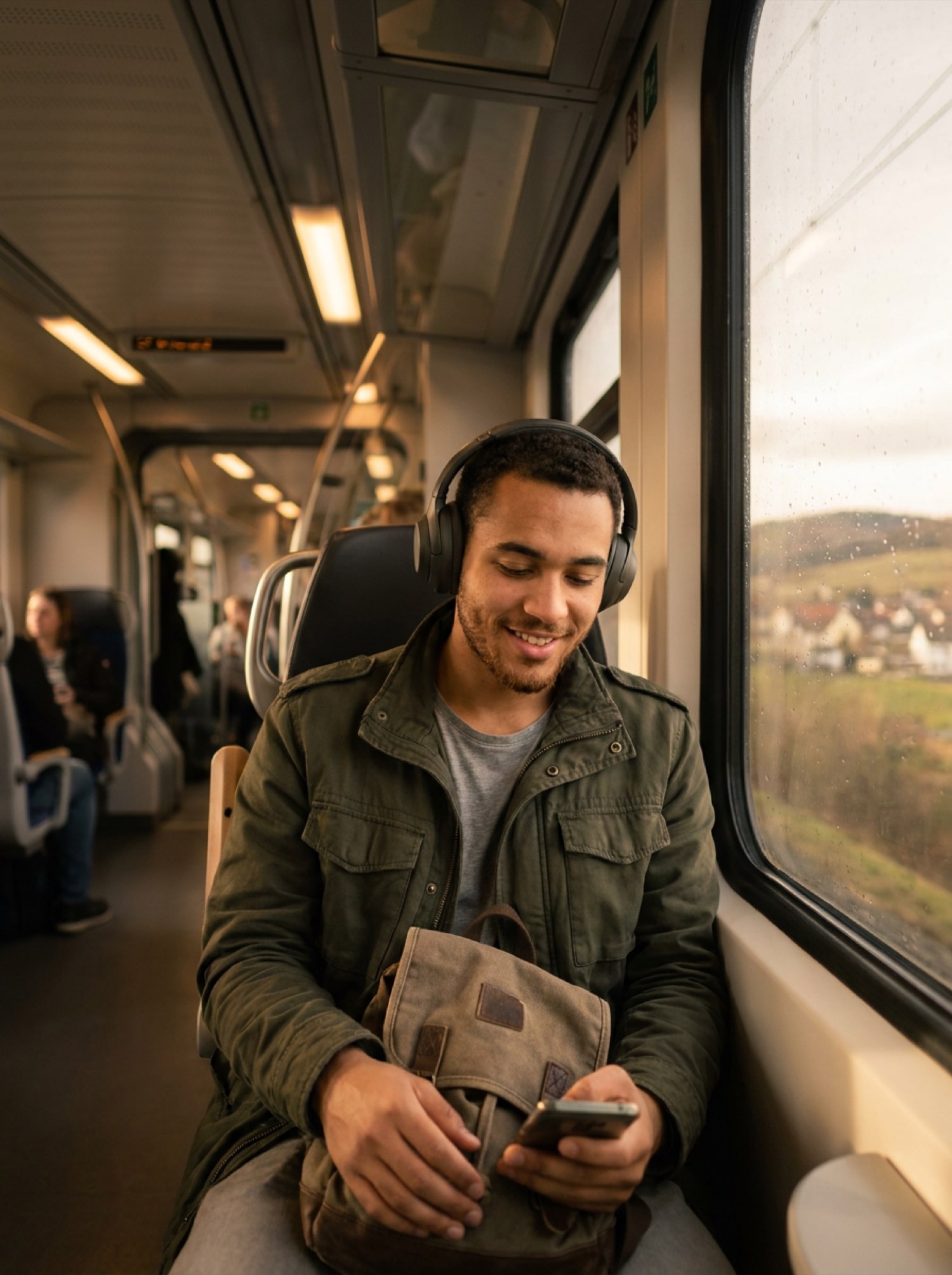 Junger Auszubildender hört unterwegs im Zug mit Kopfhörern