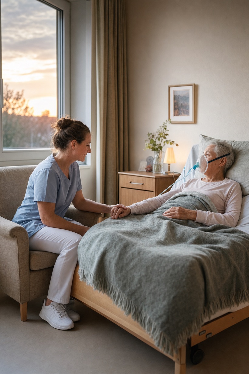 Palliativ-Pflegekraft hält die Hand eines Patienten