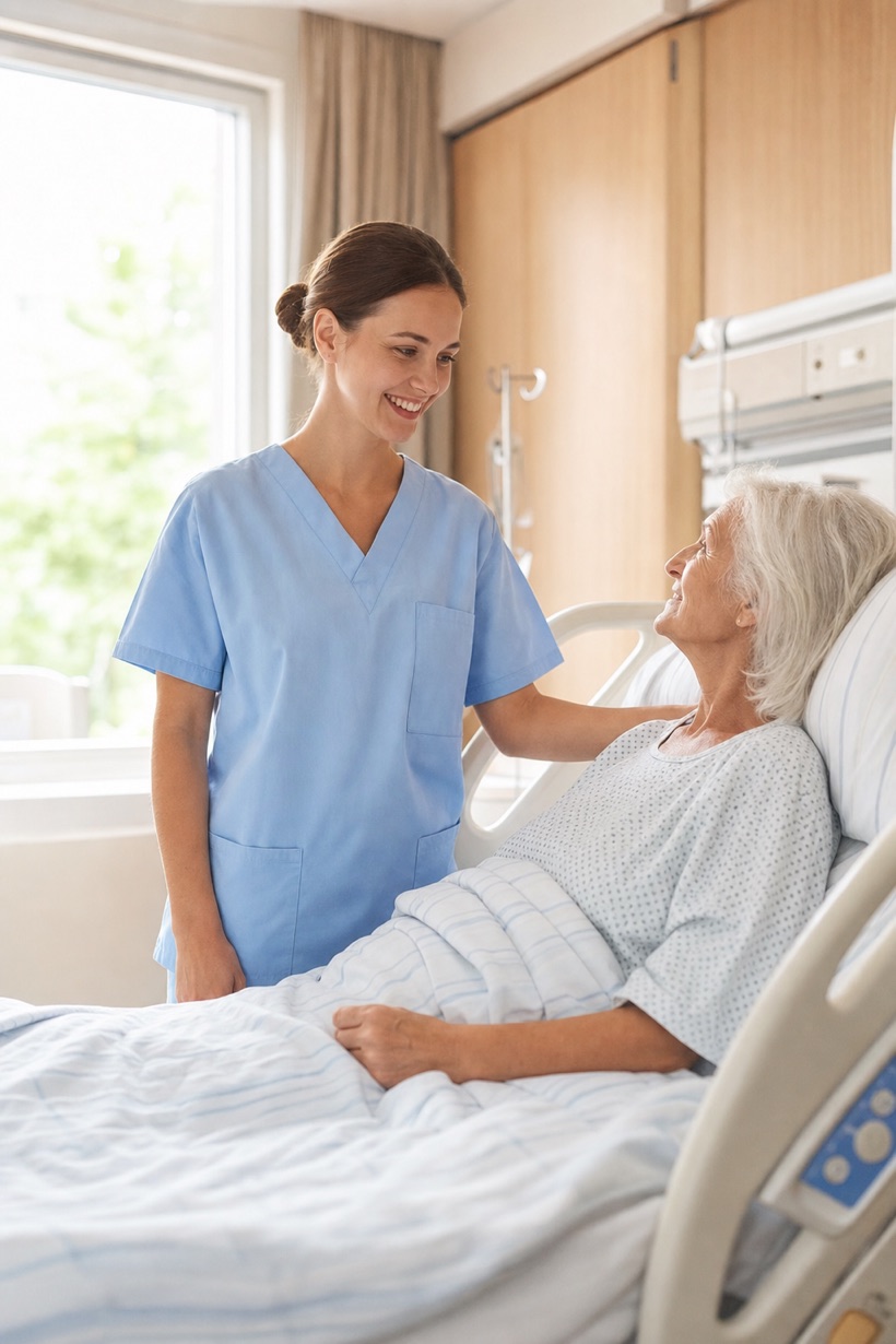 Pflegefachfrau am Bett einer Patientin