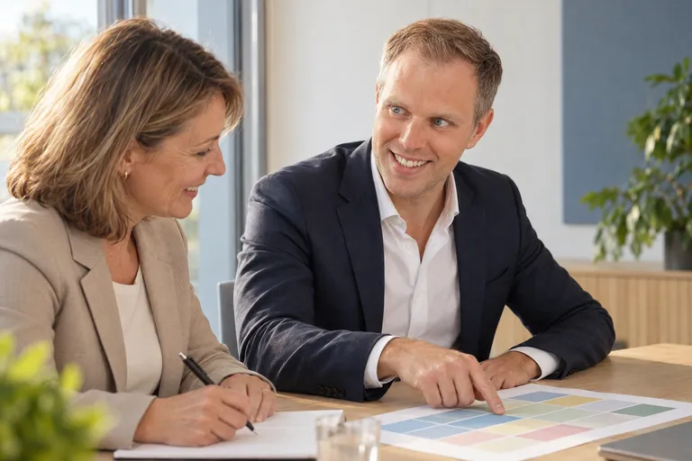 Dennis Tefett plant mit einer Pflegedienstleitung am Besprechungstisch die Inhouse-Schulung für ihr Haus.