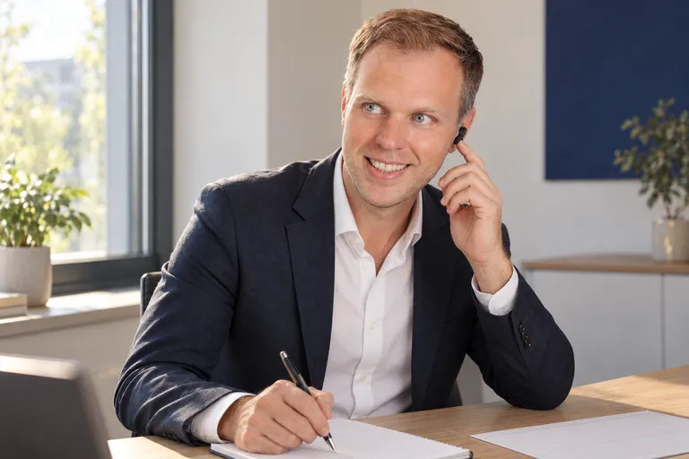 Dennis Tefett im Beratungsgespräch am Telefon, vor ihm liegen Notizblock und Terminplaner.