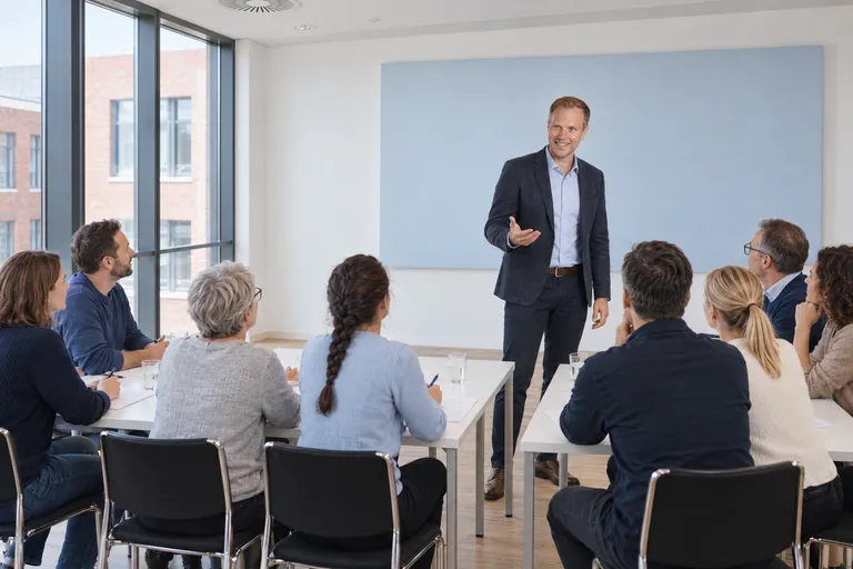Dennis Tefett steht vor einer blauen Tafel und spricht mit acht Teilnehmenden, die an weißen Tischen in einem hellen Schulungsraum sitzen.