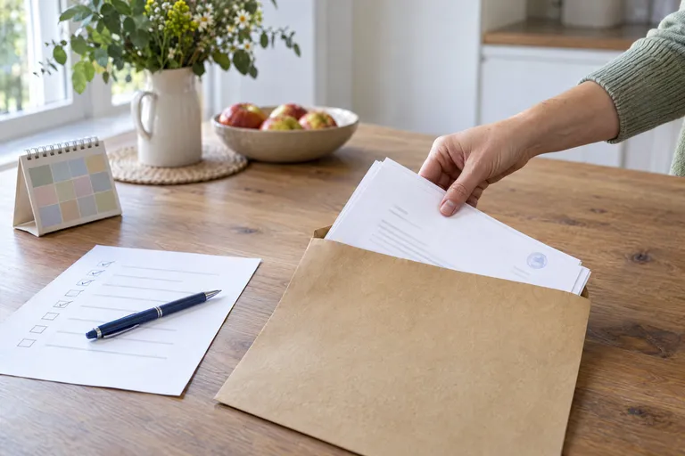 Eine Hand legt beglaubigte Kopien und Übersetzungen in einen Umschlag, daneben eine Checkliste und ein Kalender.
